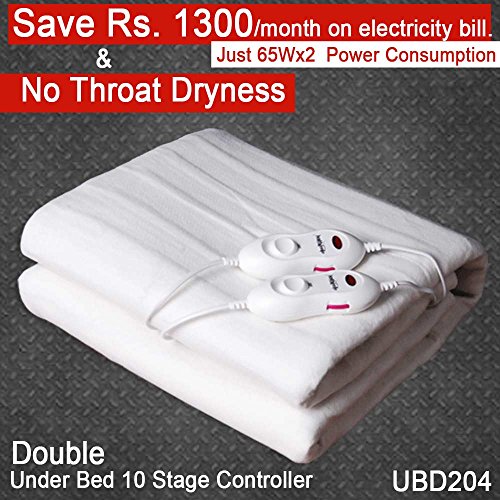 Healthgenie white Electrical Blanket Double Bed Under, size(160×140 cm) UBD 204 washable,10 Stage x 2 temp controller