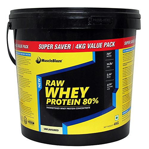 MuscleBlaze 80% Whey Protein Supplement Powder, 4 kg (Unflavoured)